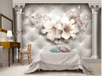 3Д фотообои цветы в интерьере спальни